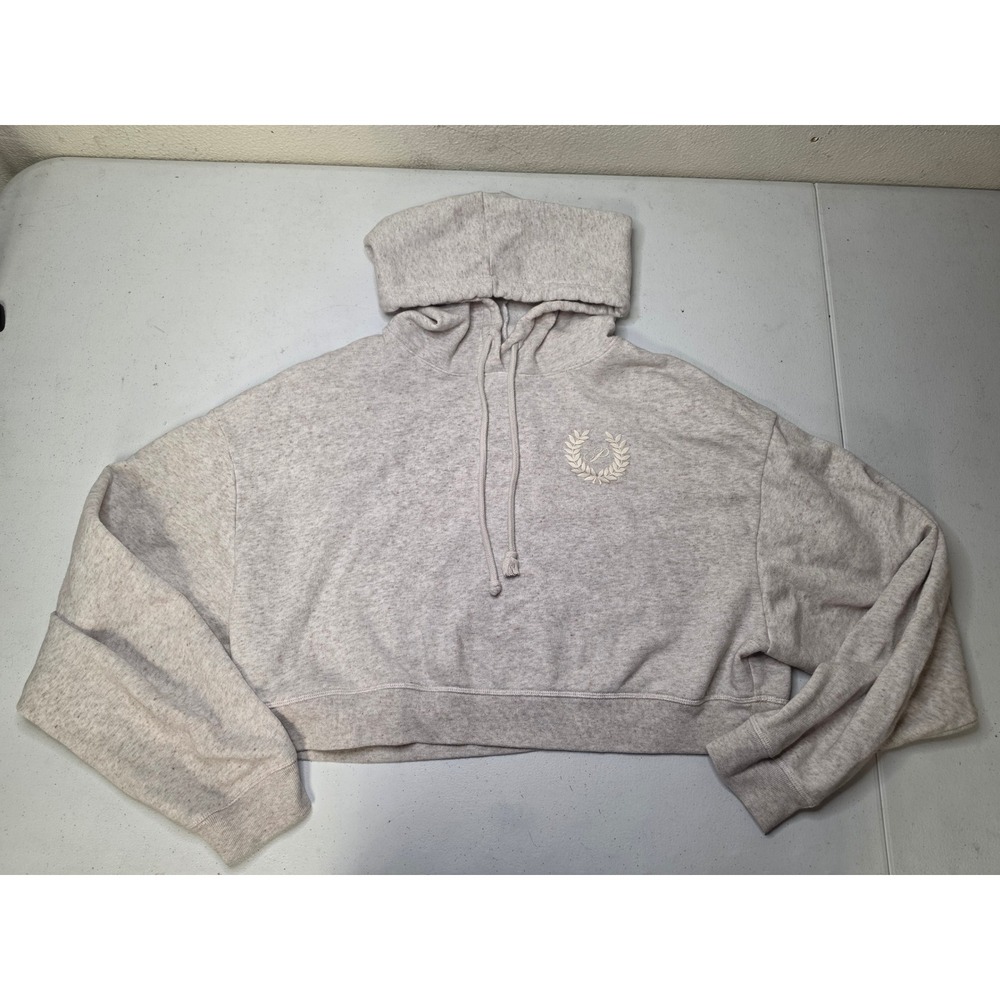 Victoria's Secret PINK Oatmeal Heather Grey Cropped Hoodie Embroidered Crest L